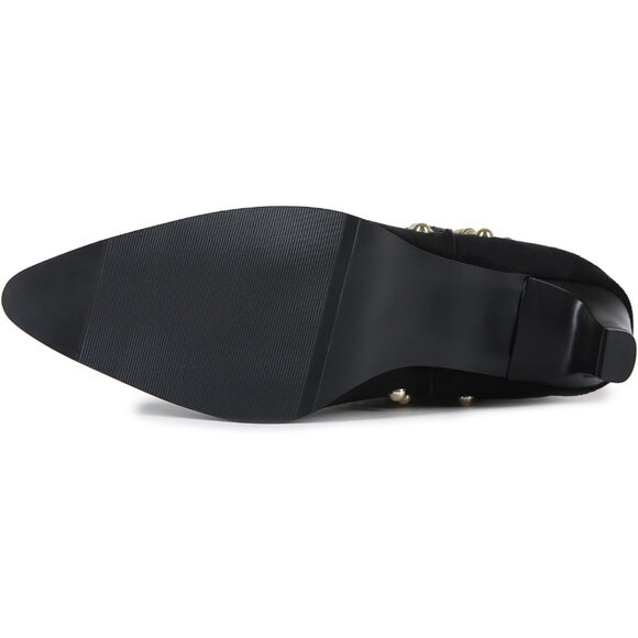 Women's Pointed Toe Low Kitten Heel Booties Slip On Rivet Ankle Boots Black - Picture 5 of 7